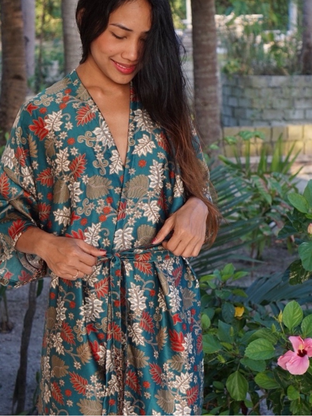 Silk Balinese Robe womens OS in emerald fleur kimono cut